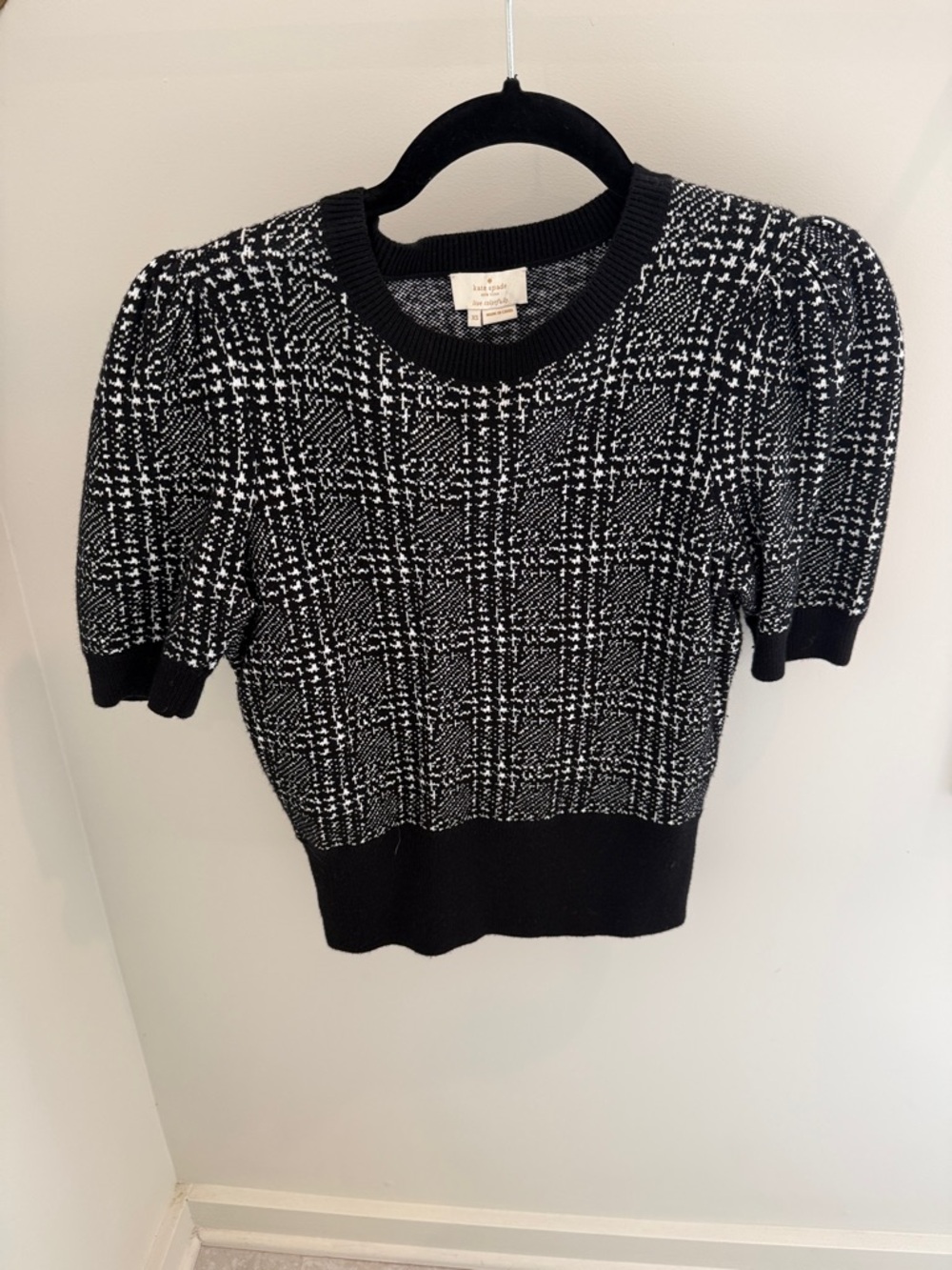 kate spade Black & White Tweed Puff Sleeve Knit Top